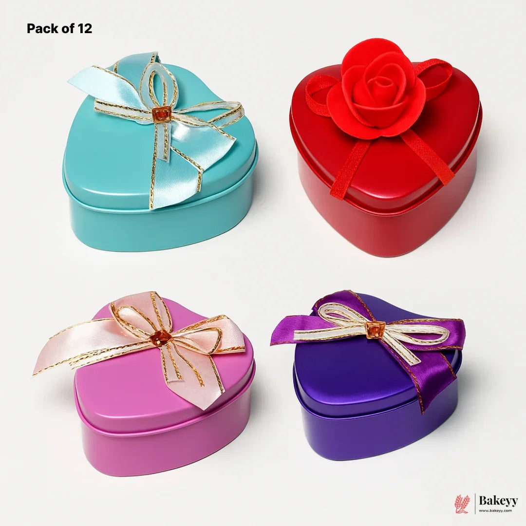 Small-Size 1| Mixed Colours with Mixed Bow Heart Empty Decorative Tin Box | Pack of 12