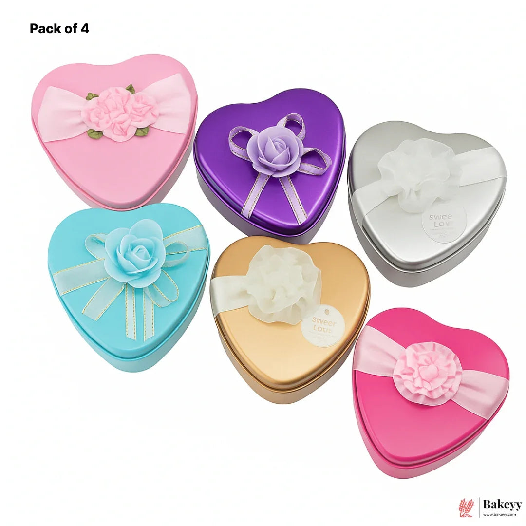 Large-Size 3| Mixed Colours with Mixed Bow Heart Empty Decorative Tin Box | Pack of 4