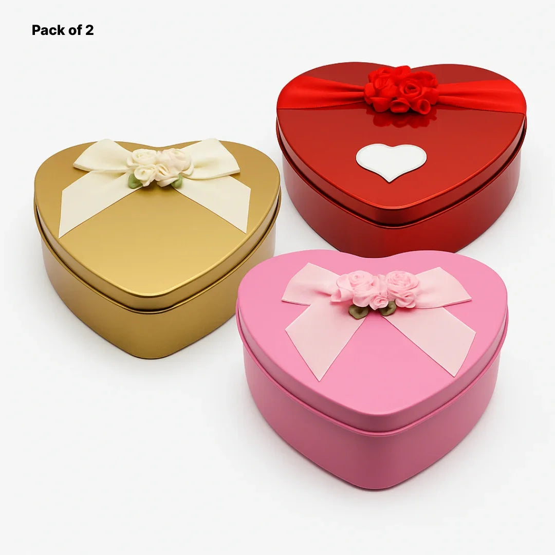 Extra Large-Size 4| Mixed Colours with Mixed Bow Heart Empty Decorative Tin Box | Pack of 2