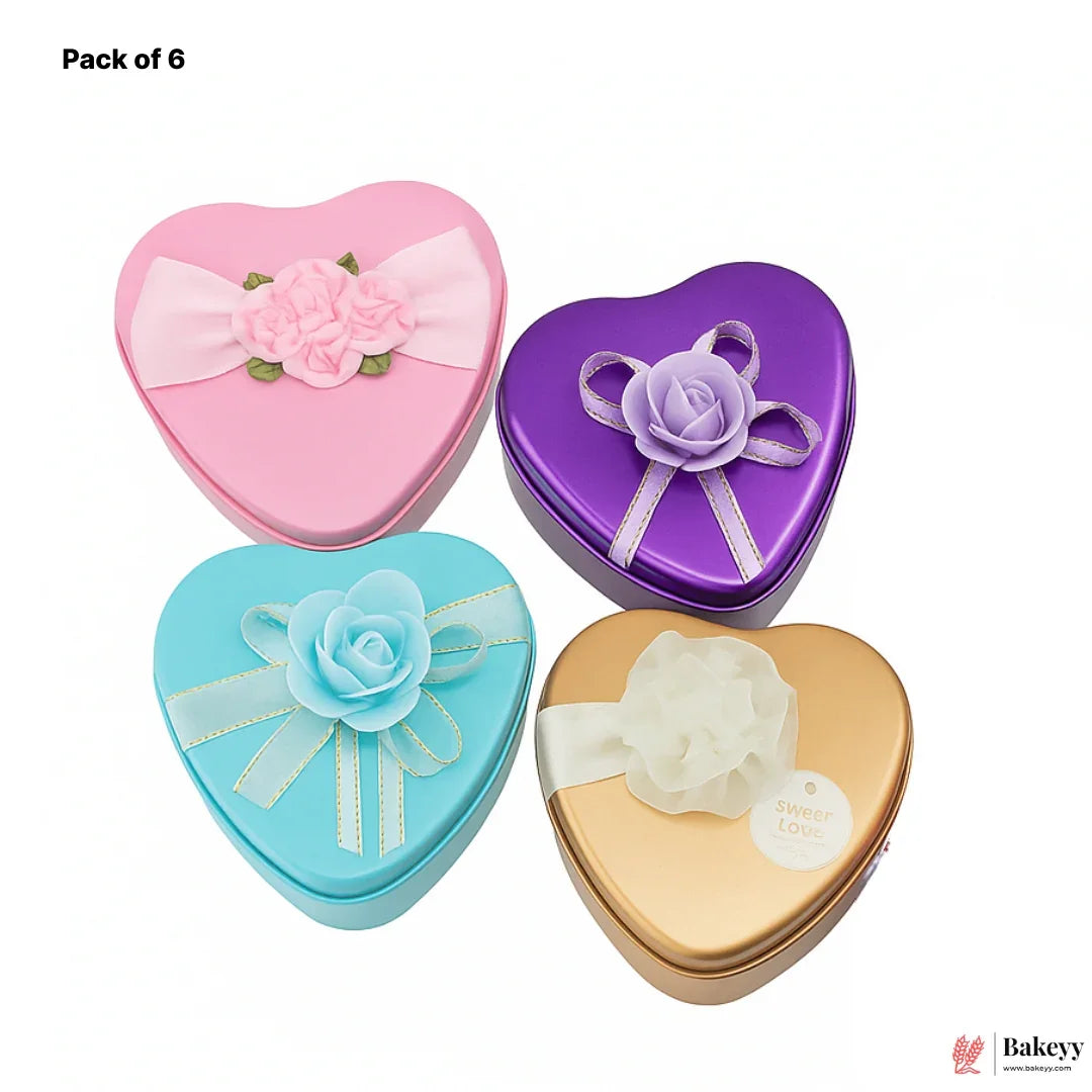 Medium-Size 2| Mixed Colours with Mixed Bow Heart Empty Decorative Tin Box | Pack of 6