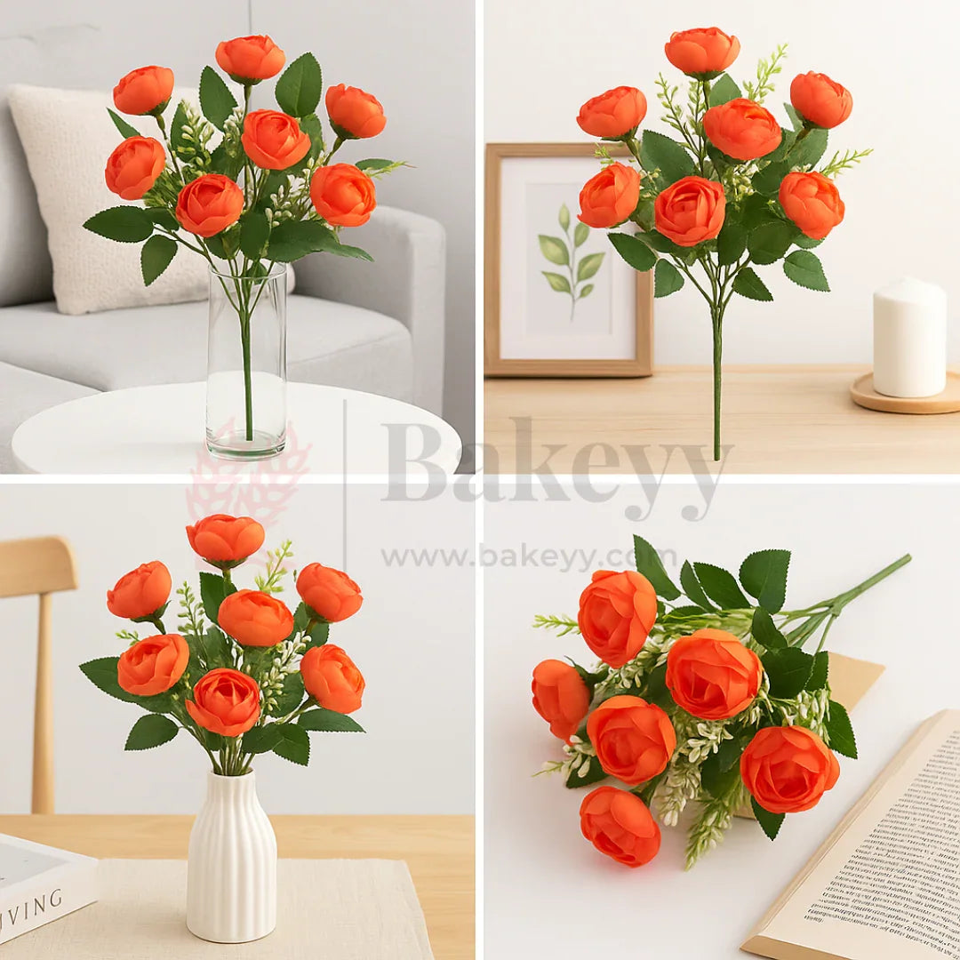 Artificial Orange Rose Flower Bouquet - 40cm | Elegant Floral Bunch for Home Decor, Vase Styling & Events - Pack of 1