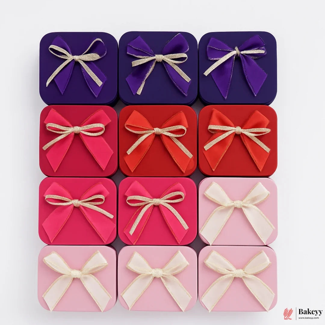 Size 1|Mixed Colours with Mixed Bow Designs Square Empty Decorative Tin Box |Pack of 12