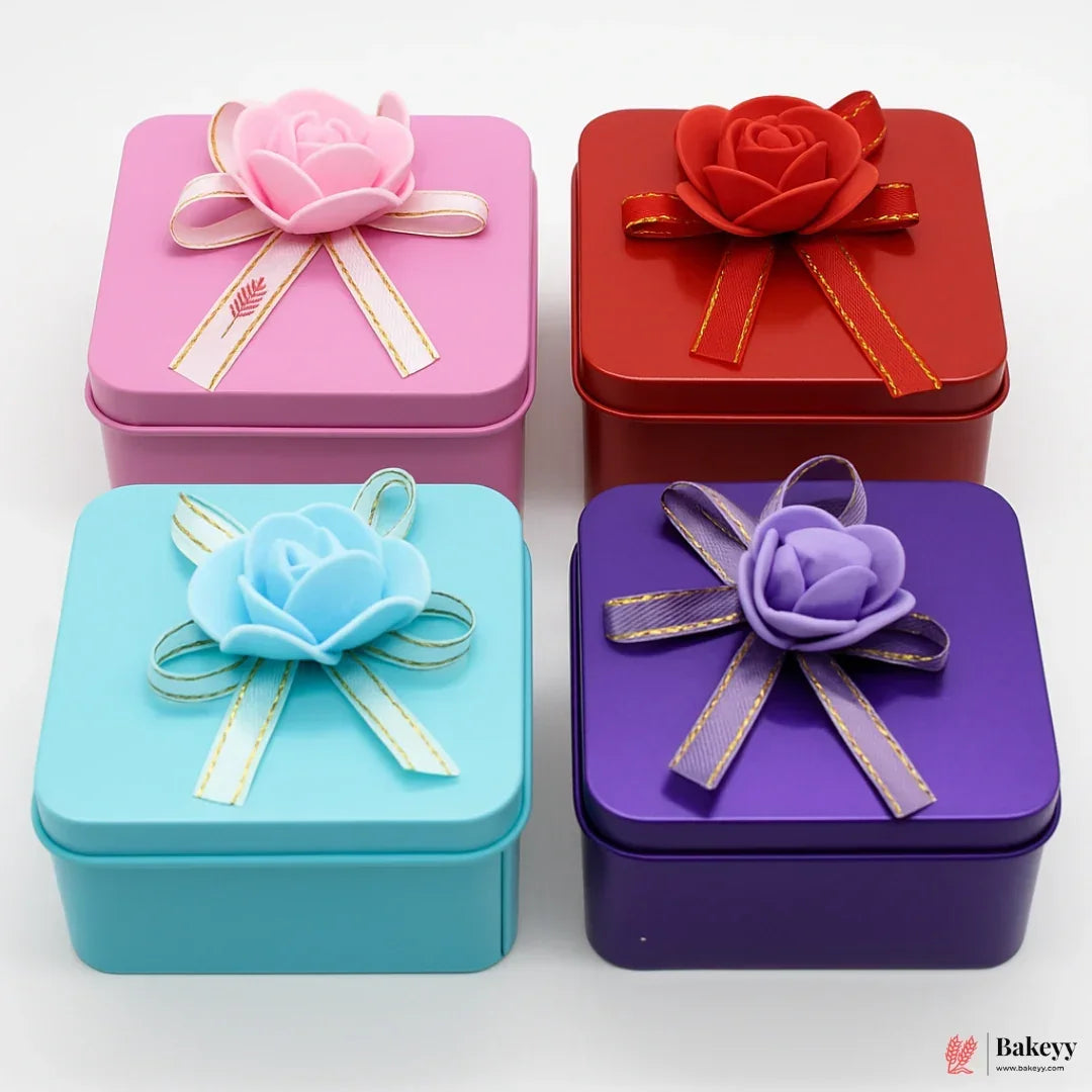 Size 2|Mixed Colours with Mixed Bow Designs Square Empty Decorative Tin Box |Pack of 10