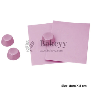 Pink rectangular baking mats with matching pink dome-shaped silicone baking cups, shown on a white background with a Bakeyy watermark and size text 'Size: 8cm X 8cm'.