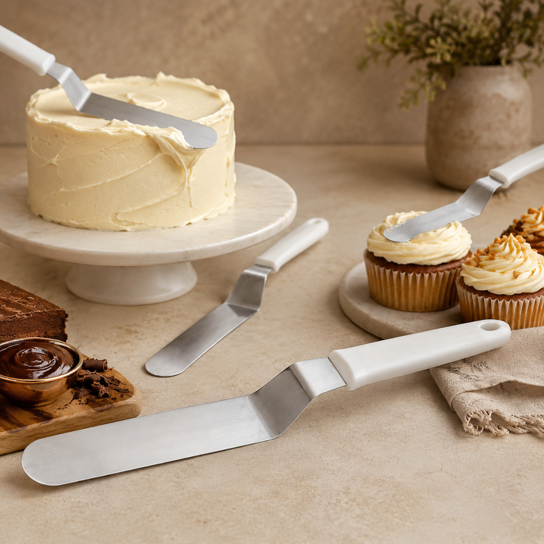 Cake and cupcakes with frosting spatulas on a wooden table