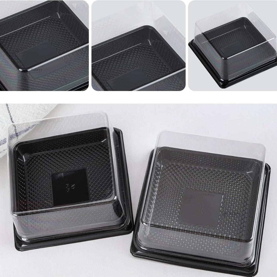 Square Dessert Box with Clear Dome Lid | Black Base Mini Cake & Pastry Packaging Box | Pack of 50