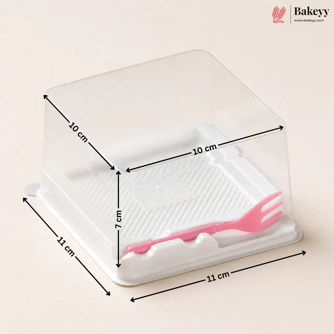 A clear plastic food storage container with a white base tray and a pink plastic fork, shown with black dimension arrows and labels indicating 10 cm width, 11 cm depth, and 7 cm height on a light beige background.