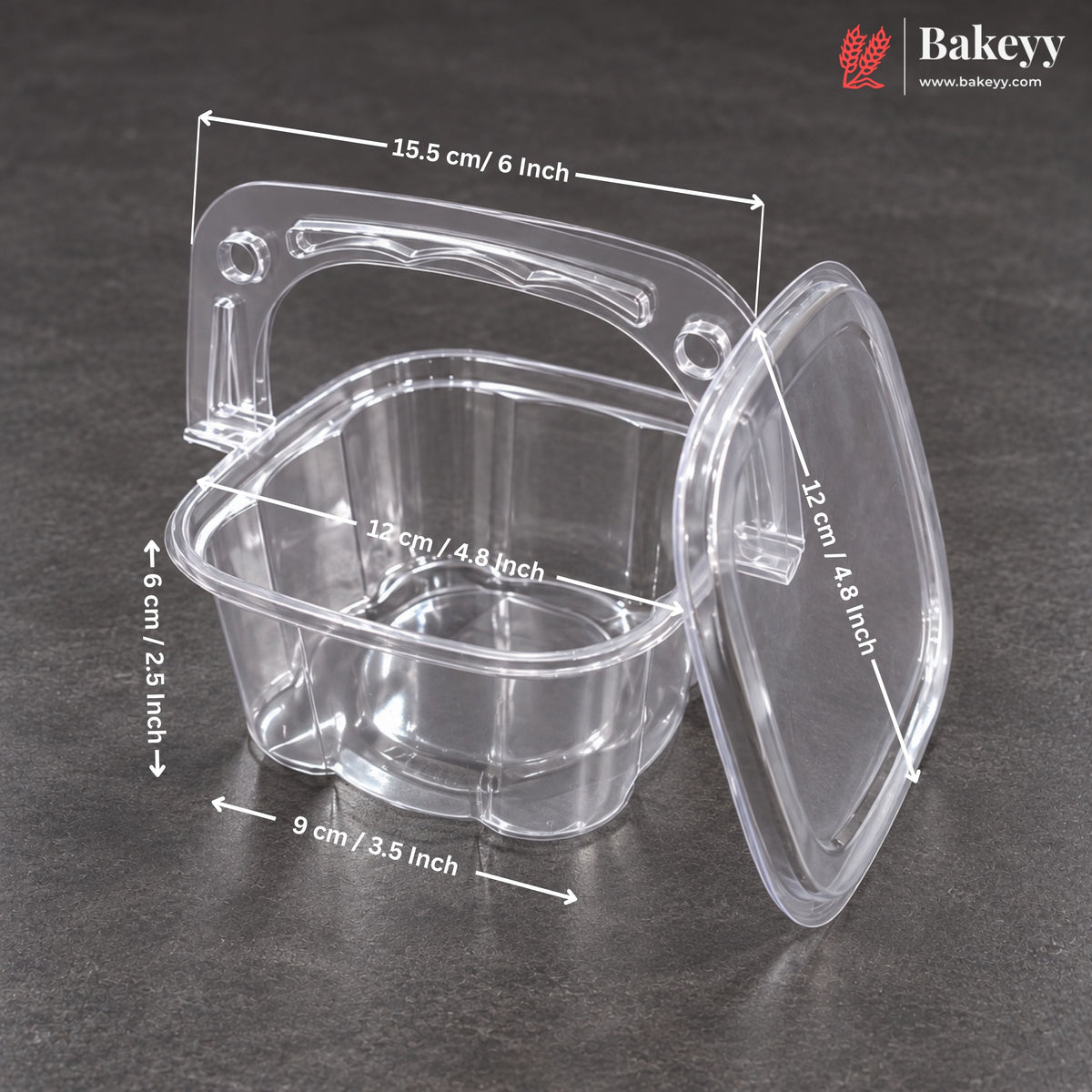 Clear plastic square baking dish with handle and matching lid, shown on a dark gray surface with overlaid dimension arrows and labels. Bakeey logo appears in the top right corner.