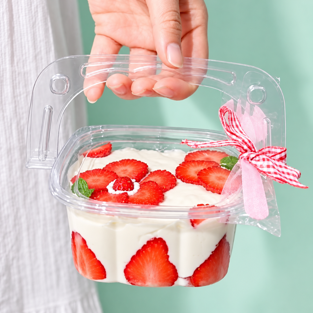 A hand holds a clear plastic dessert container filled with white cream and fresh strawberry slices, with a pink ribbon tied to the side, against a mint green background.