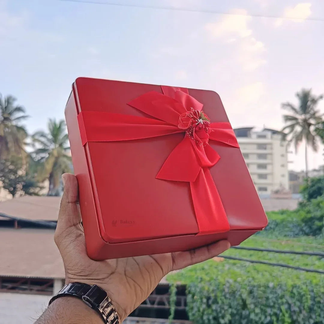 Square Decorative Tin Box with Ribbon | Premium Gift Packaging | Multiple Color Options | Pack of 1 - Bakeyy.com - India - Square Decorative Tin Box with Ribbon | Premium Gift Packaging | Multiple Color Options | Pack of 1 - Light Pink 220.00