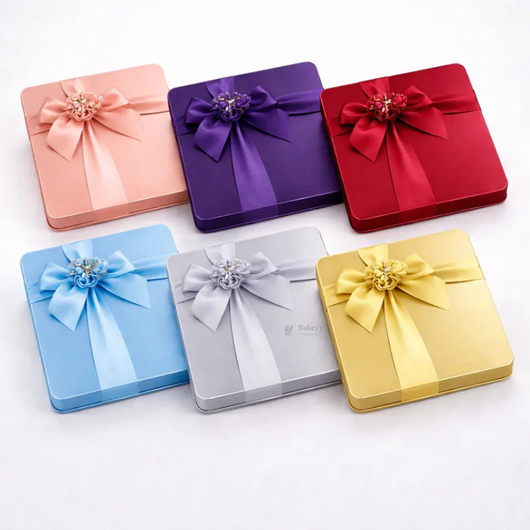 Square Decorative Tin Box with Ribbon | Premium Gift Packaging | Multiple Color Options | Pack of 1 - Bakeyy.com - India - Square Decorative Tin Box with Ribbon | Premium Gift Packaging | Multiple Color Options | Pack of 1 - Light Pink 220.00