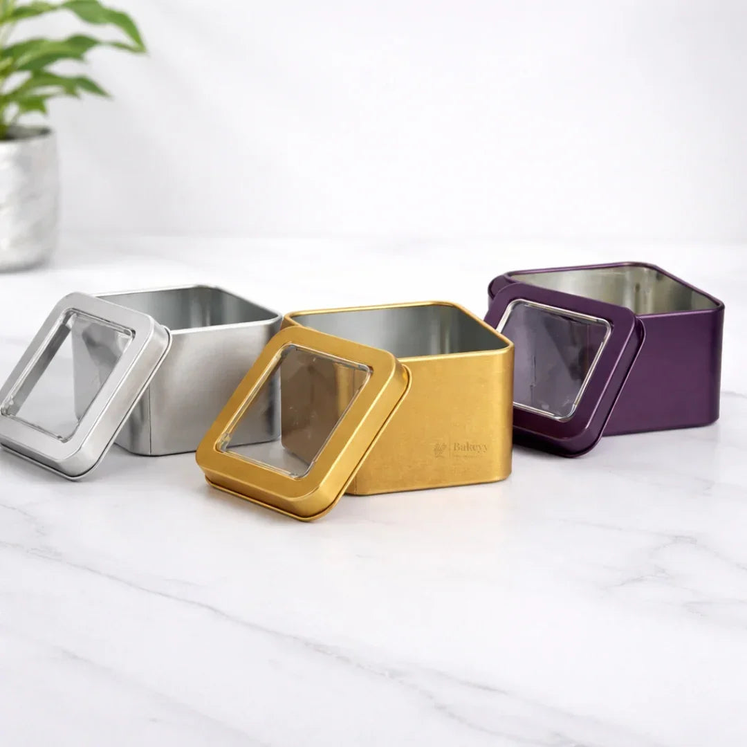 Square Tin Box with Transparent Window Lid | Random Colors | Chocolates & Keepsakes | Pack of 12 - Bakeyy.com - India - Square Tin Box with Transparent Window Lid | Random Colors | Chocolates & Keepsakes | Pack of 12 - Default Title 480.00