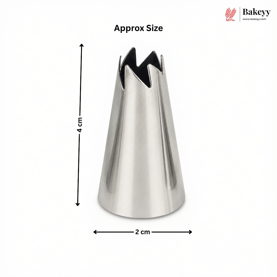 A stainless steel pastry piping tip shown on a white background with dimension arrows indicating an approximate height of 4 cm and opening width of 2 cm. The Bakeey logo appears in the top right corner.