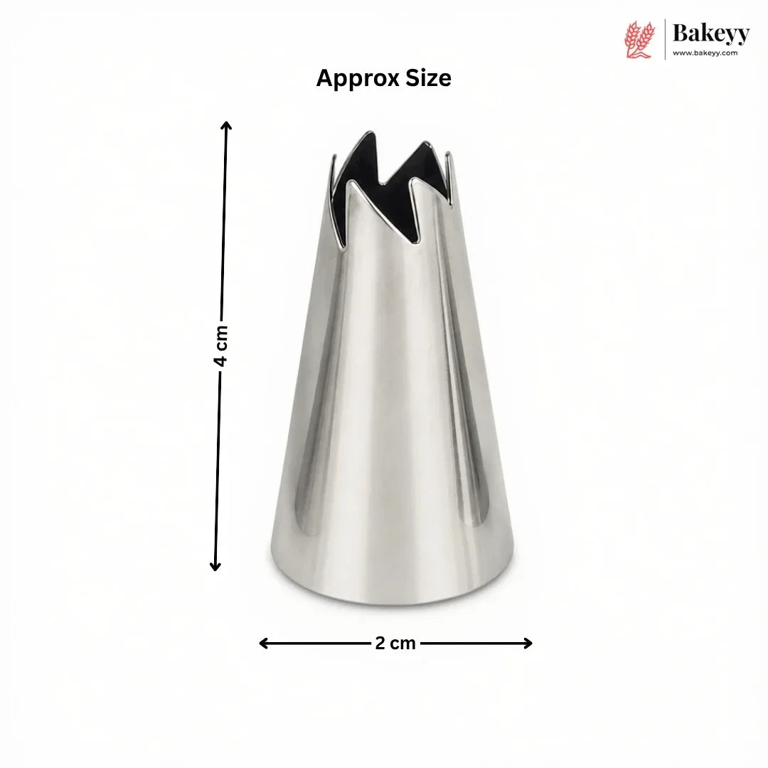 A stainless steel pastry piping tip shown on a white background with dimension arrows indicating an approximate height of 4 cm and opening width of 2 cm. The Bakeey logo appears in the top right corner.