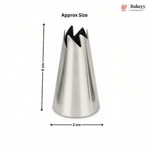 A stainless steel pastry piping tip shown on a white background with dimension arrows indicating an approximate height of 4 cm and opening width of 2 cm. The Bakeey logo appears in the top right corner.