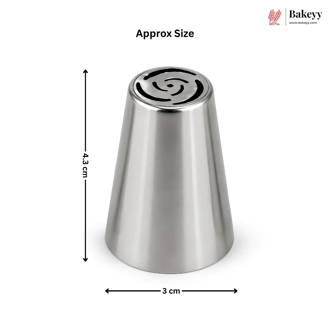 A stainless steel conical pastry piping tip with a swirl pattern on the nozzle, shown with dimension lines indicating an approximate height of 4.3 cm and opening width of 3 cm.