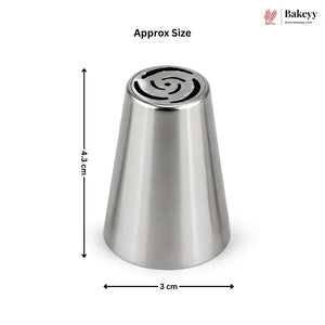 A stainless steel conical pastry piping tip with a swirl pattern on the nozzle, shown with dimension lines indicating an approximate height of 4.3 cm and opening width of 3 cm.