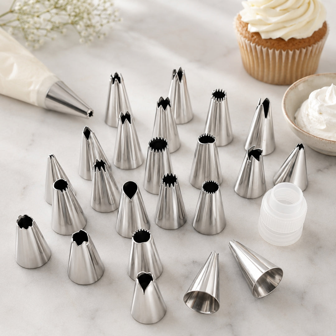 A set of stainless steel pastry piping tips arranged on a white marble surface, with a piping bag, a cupcake with white frosting, and a small bowl of frosting in the background.
