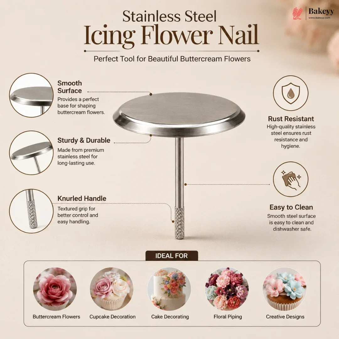 An infographic-style product image for a stainless steel icing flower nail tool. The central product is a round metal nail with a knurled handle, shown on a beige background with feature callouts, icons, and example uses such as buttercream flowers, cupcake decoration, and floral piping.