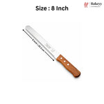 An 8-inch bread knife with a silver stainless steel blade and a brown wooden handle, shown on a white background with a dimension arrow indicating its length and the Bakeyy brand logo in the top right corner.