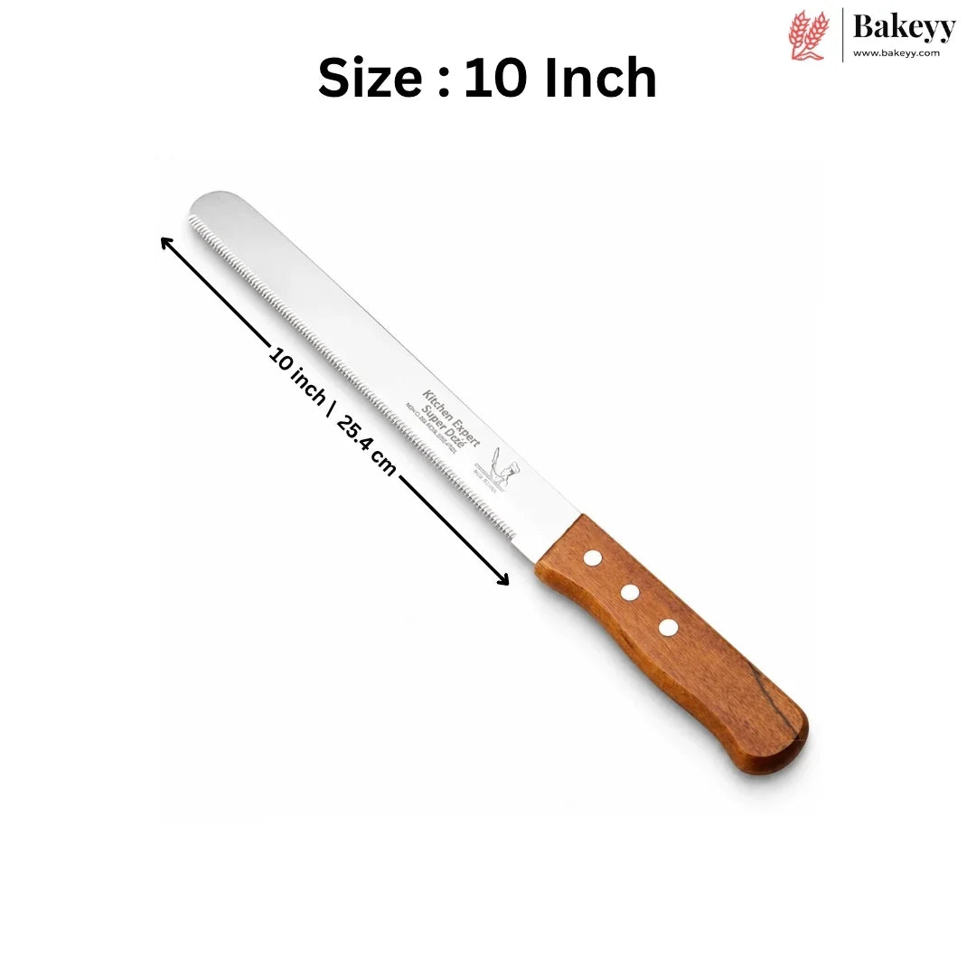 A 10-inch cake server with a silver stainless steel blade and a brown wooden handle, shown on a white background with a size indicator and Bakeey brand logo.