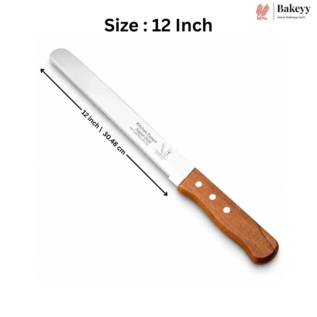 A 12-inch bread knife with a silver stainless steel blade and a brown wooden handle, shown on a white background with a dimension line indicating its length and the Bakeyy brand logo in the top right.