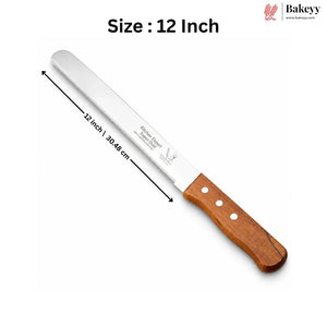 A 12-inch bread knife with a silver stainless steel blade and a brown wooden handle, shown on a white background with a dimension line indicating its length and the Bakeyy brand logo in the top right.