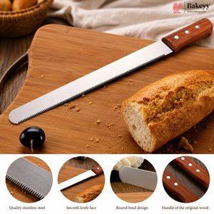 A long bread knife with a serrated stainless steel blade and a brown wooden handle, shown on a wooden cutting board beside a loaf of bread and a black olive. Four circular detail insets at the bottom highlight the blade texture, knife edge, head design, and wooden handle.