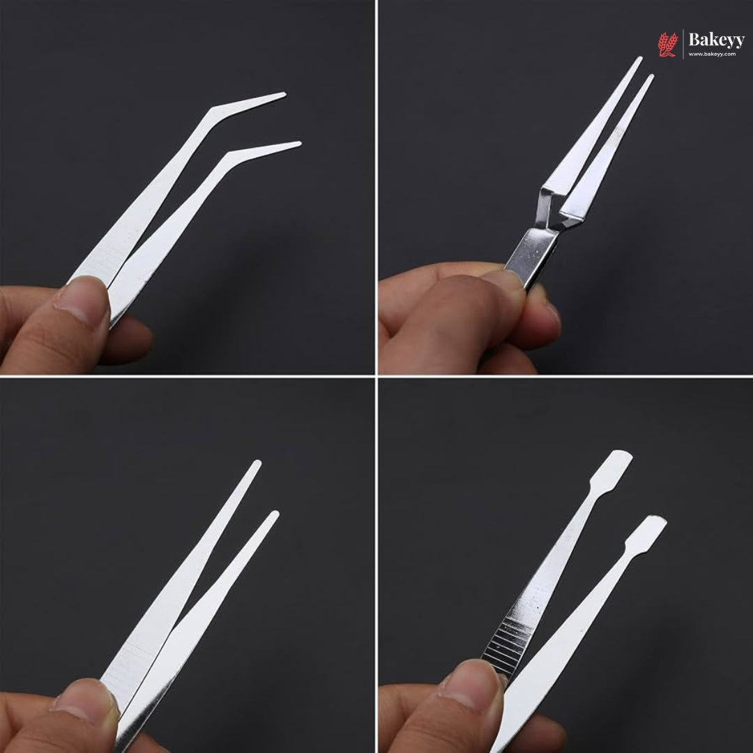 Set of metal tweezers held by a hand against a dark background, with 'Bakeey' branding visible.