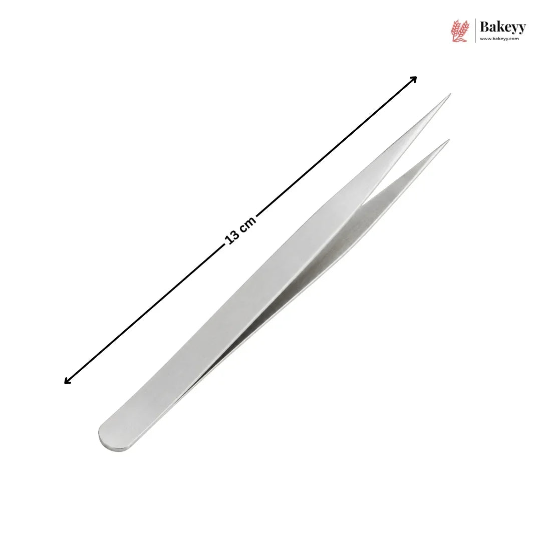 Pair of metal tweezers with a measurement label on a white background, featuring the Bakey brand.