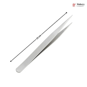 Pair of metal tweezers with a measurement label on a white background, featuring the Bakey brand.