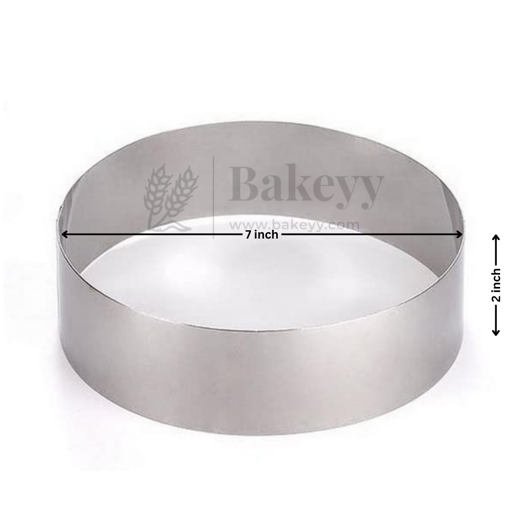 Metal baking ring with 'Bakeyy' branding and measurements on a white background