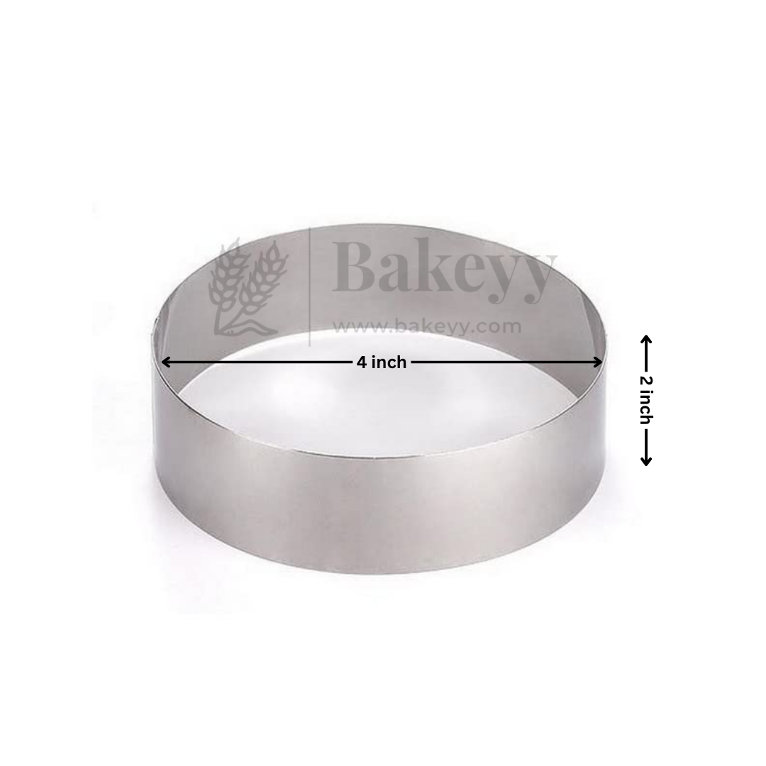 Metallic cake cutter with dimensions on a white background, branded 'Bakey'.