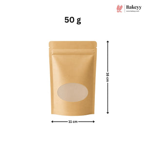A 50 g kraft paper stand-up pouch with a die-cut oval window, shown with dimension markings of 11 cm width and 35 cm height on a white background, with the Bakeey brand logo in the top right.
