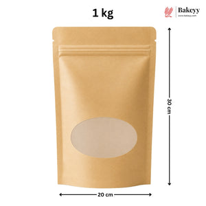 A kraft paper stand-up pouch with a die-cut window on the front, shown with dimension labels indicating 30 cm height and 20 cm width, plus a 1 kg text label and a Bakeey logo in the top right.