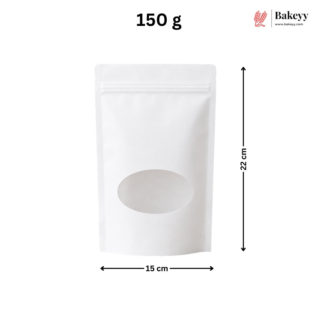 White stand-up pouch packaging with a die-cut oval window, shown with dimension labels indicating 15 cm width, 22 cm height, and 150 g weight on a light gray background. Bakeey logo appears in the top right.