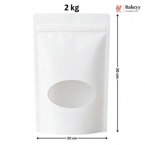 A white stand-up pouch packaging with a die-cut oval window, shown with dimension lines indicating 20 cm width and 30 cm height, with '1 kg' text at the top and a Bakeey logo in the upper right.