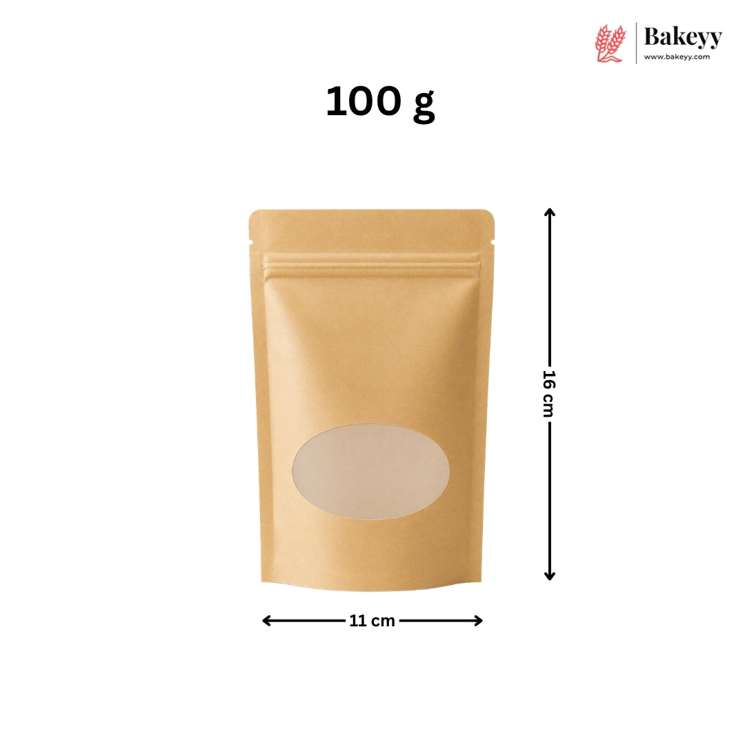 A kraft paper stand-up pouch with a die-cut oval window, shown with dimension arrows indicating 11 cm width and 35 cm height, with '100 g' text above on a white background. The Bakeey logo appears in the top right.