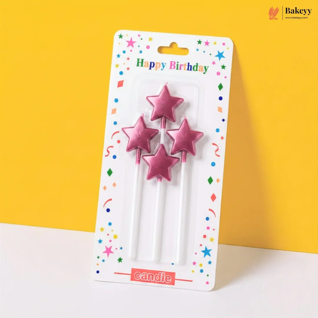 Packaged pink star-shaped birthday candles with colorful confetti design on a yellow background