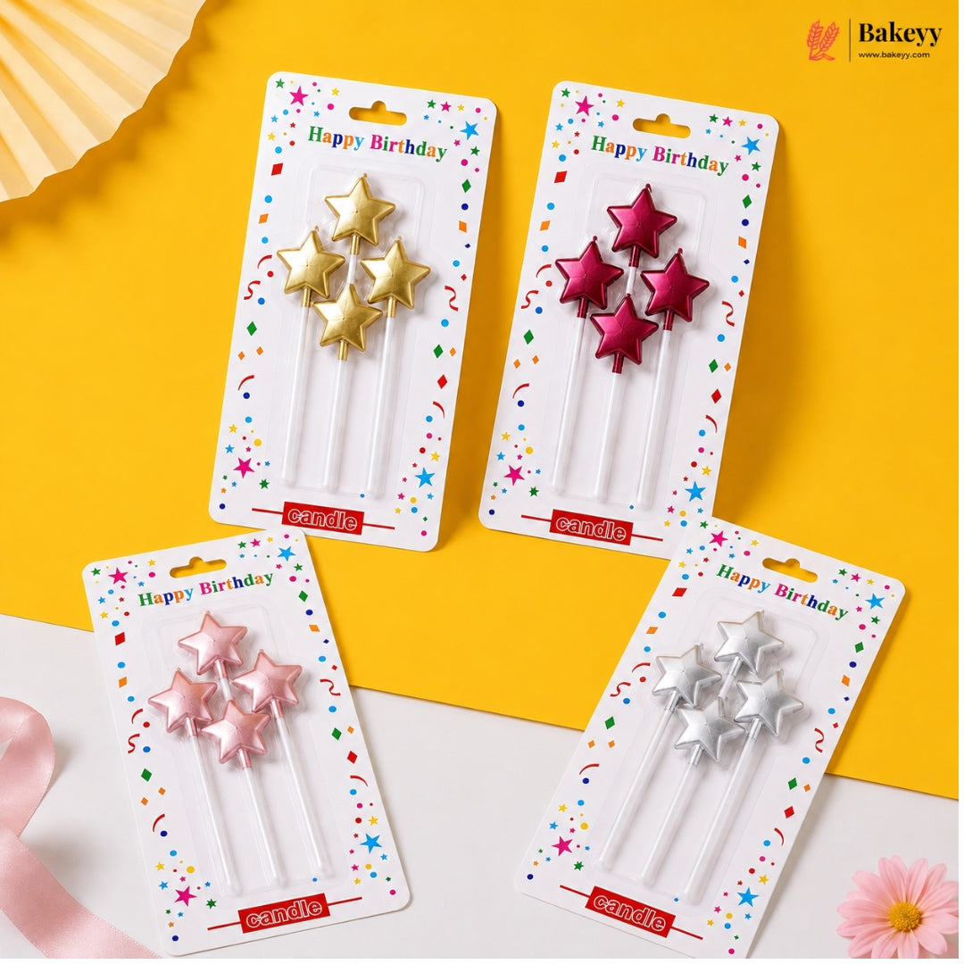 Four packages of star-shaped birthday candles on a yellow and white background with 'Bakeyy' branding.