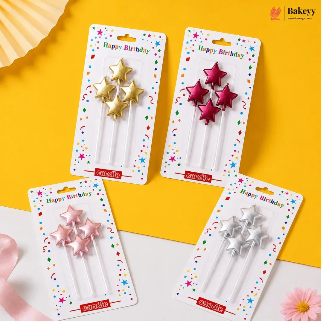 Four packages of star-shaped birthday candles on a yellow and white background with 'Bakeyy' branding.