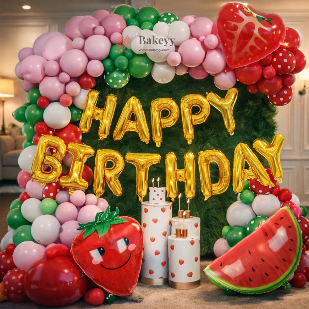 Complete strawberry themed birthday decoration kit
• Premium quality foil and latex balloons
• Bright fruit inspired colors with playful designs
• Suitable for balloon arch, backdrop, or wall decor
• Ideal for kids birthdays, fruit theme parties, and cake table setups
• Lightweight and easy to assemble