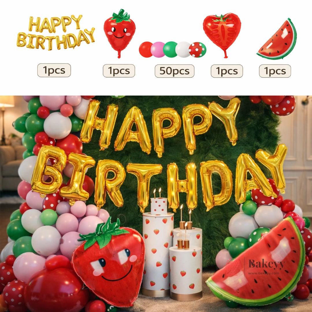 Complete strawberry themed birthday decoration kit
• Premium quality foil and latex balloons
• Bright fruit inspired colors with playful designs
• Suitable for balloon arch, backdrop, or wall decor
• Ideal for kids birthdays, fruit theme parties, and cake table setups
• Lightweight and easy to assemble