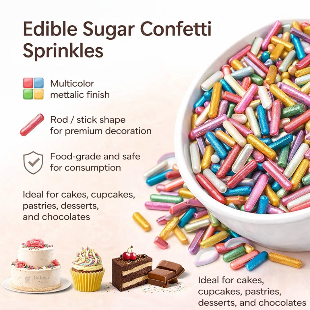 Rod Shape Sugar Confetti | Edible Cake & Dessert Decorations | Metallic Finish | 200 gm