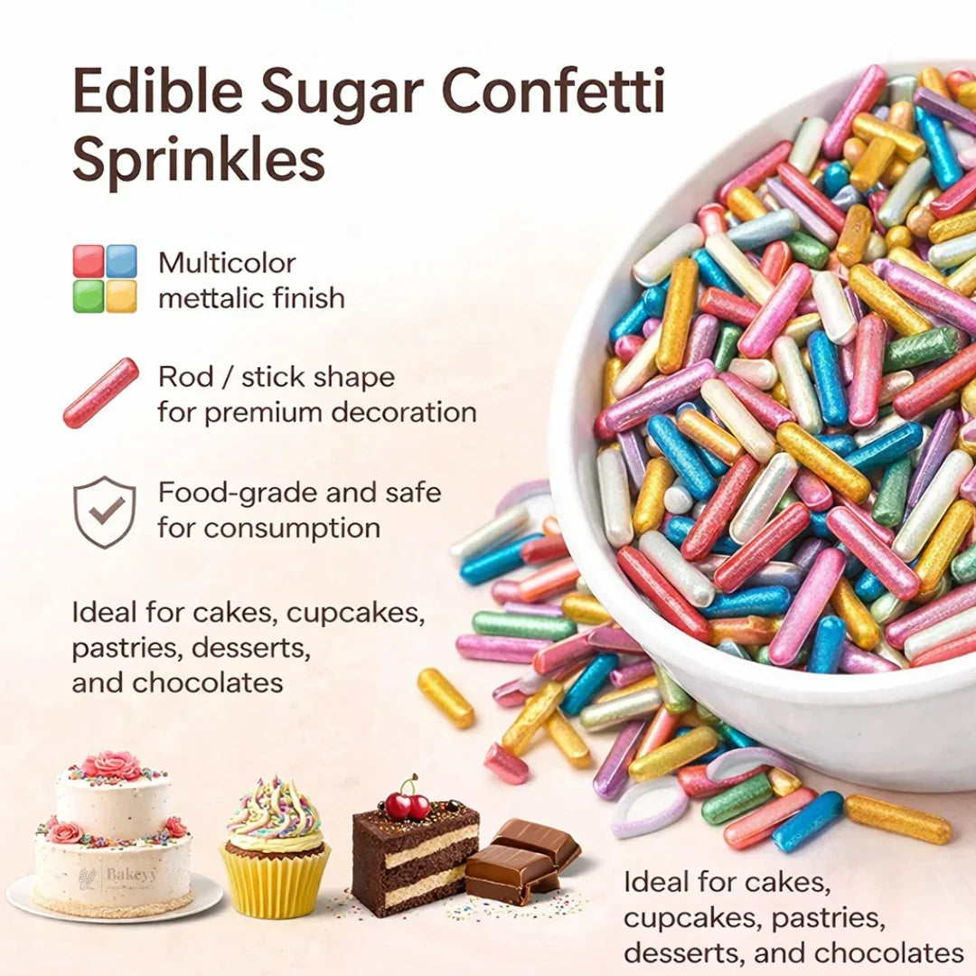 Rod Shape Sugar Confetti | Edible Cake & Dessert Decorations | Multiple Colors Available | Metallic Finish | 200 gm