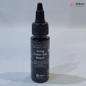 A 30ml bottle of Sugarin Black Icing Color Gel on a light gray textured background. The bottle is black with a matching black dropper cap, and the brand logo 'Bakeey' is visible in the top right corner.