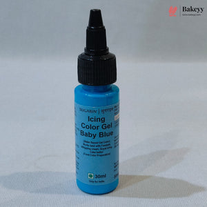 A 30ml bottle of Sugarin Baby Blue Icing Color Gel with a black cap, set against a neutral light gray background.