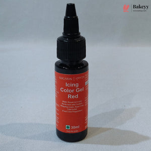 A 30ml bottle of Sugarin Icing Color Gel in Red, featuring a black plastic dropper cap and a bright red label, set against a neutral gray background.