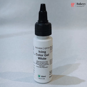 A 30ml bottle of Sugararin Icing Color Gel White, featuring a white plastic bottle, black cap, and black text on the label, set against a light gray fabric background.