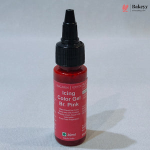 A 30ml bottle of Sugarin Icing Color Gel in the shade Br. Pink, featuring a red bottle and cap with a black dropper top, set against a light gray fabric background.